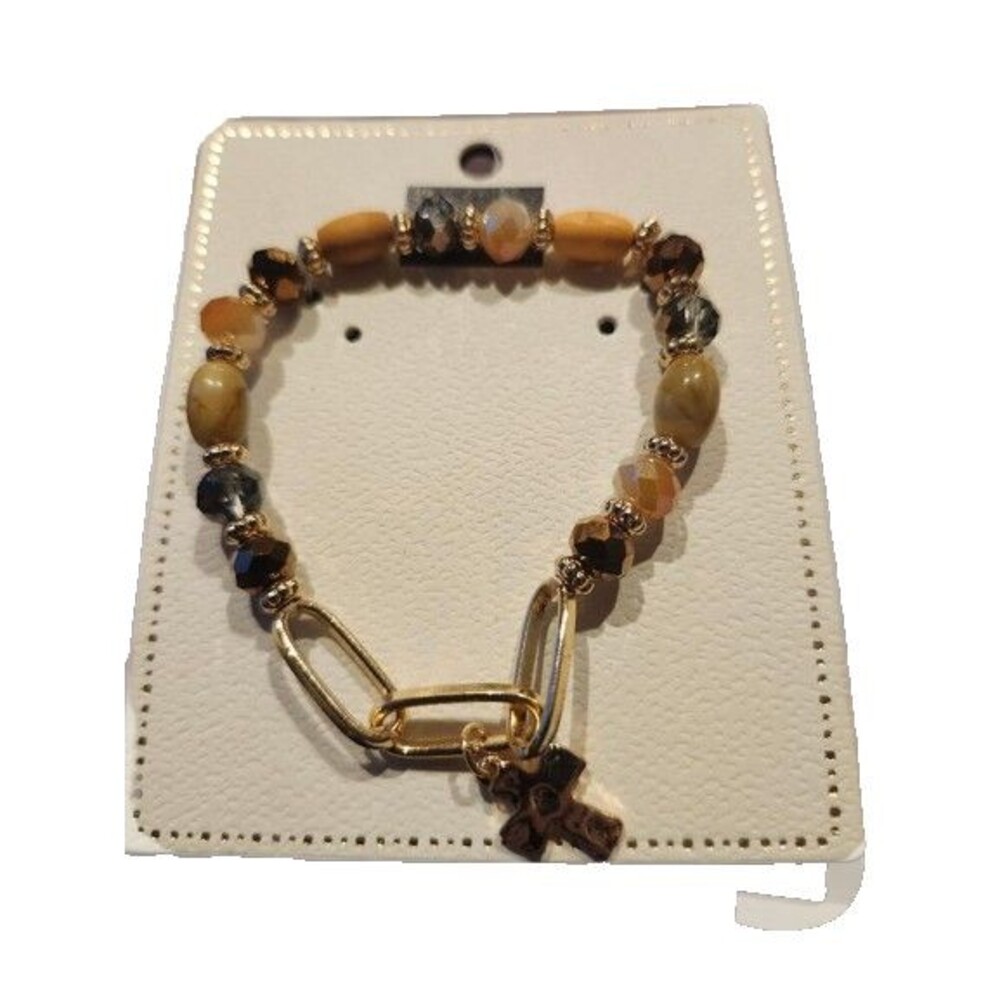 JT1 Eden Merry by James Lawrence Multi Bead Brown and Gold Plated Cross Bracelet